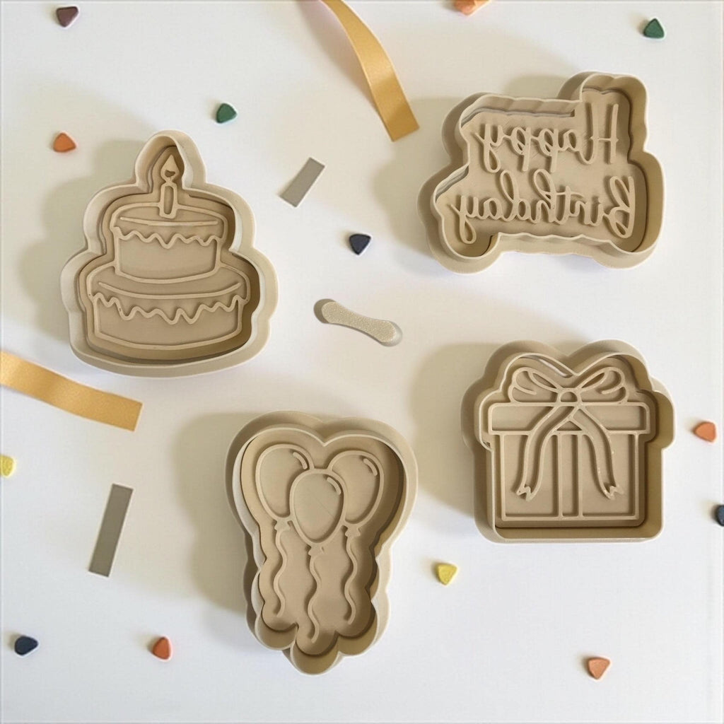 Birthday Cookie Cutter Set – Cake, Balloons, Gift & Happy Birthday stamp