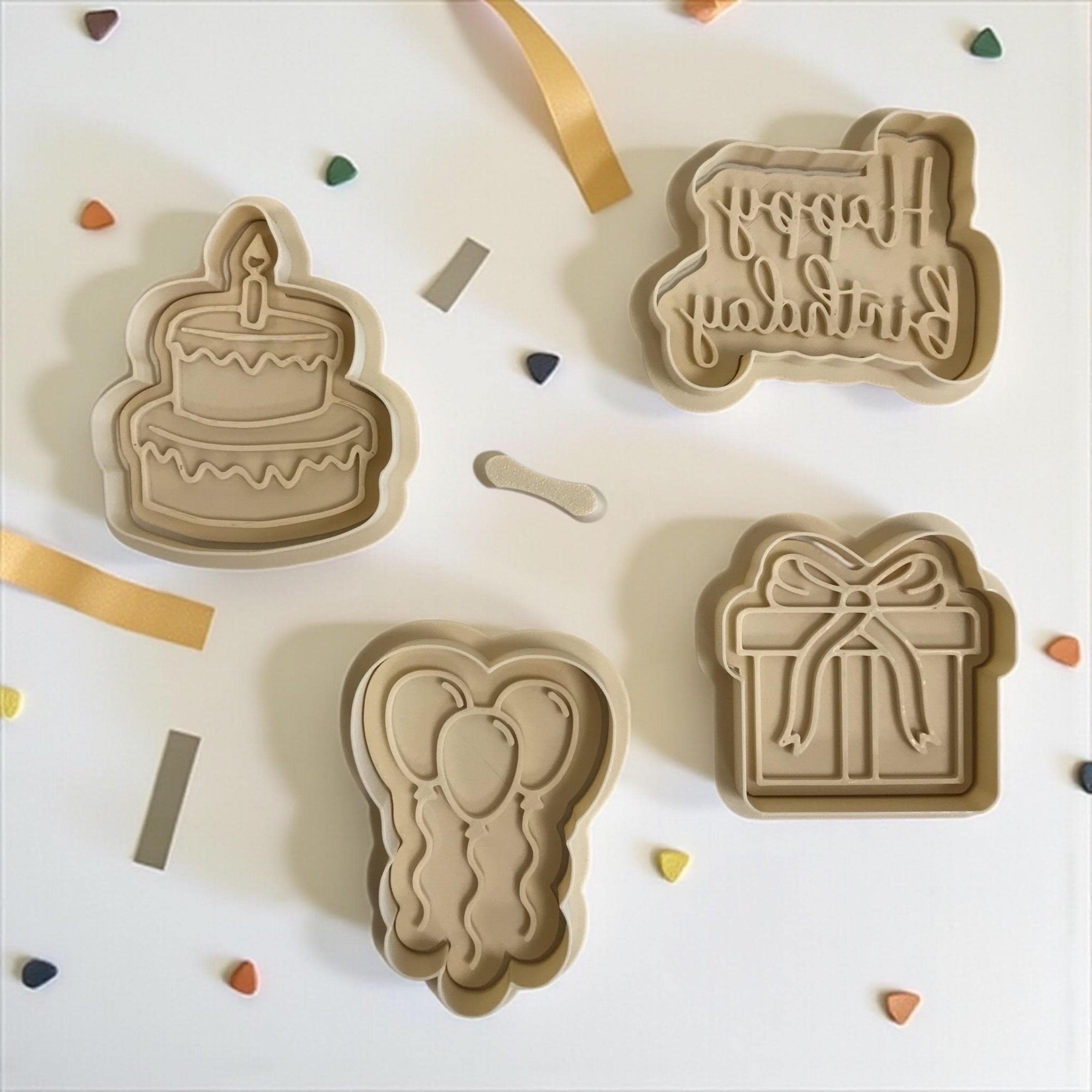 Birthday Cookie Cutter Set – Cake, Balloons, Gift & Happy Birthday stamp