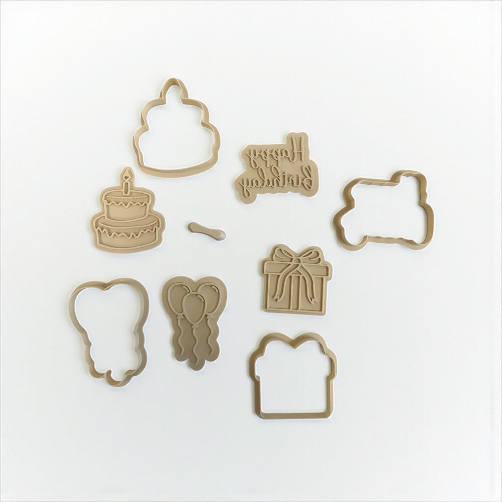 Birthday Cookie Cutter Set – Cake, Balloons, Gift & Happy Birthday stamp