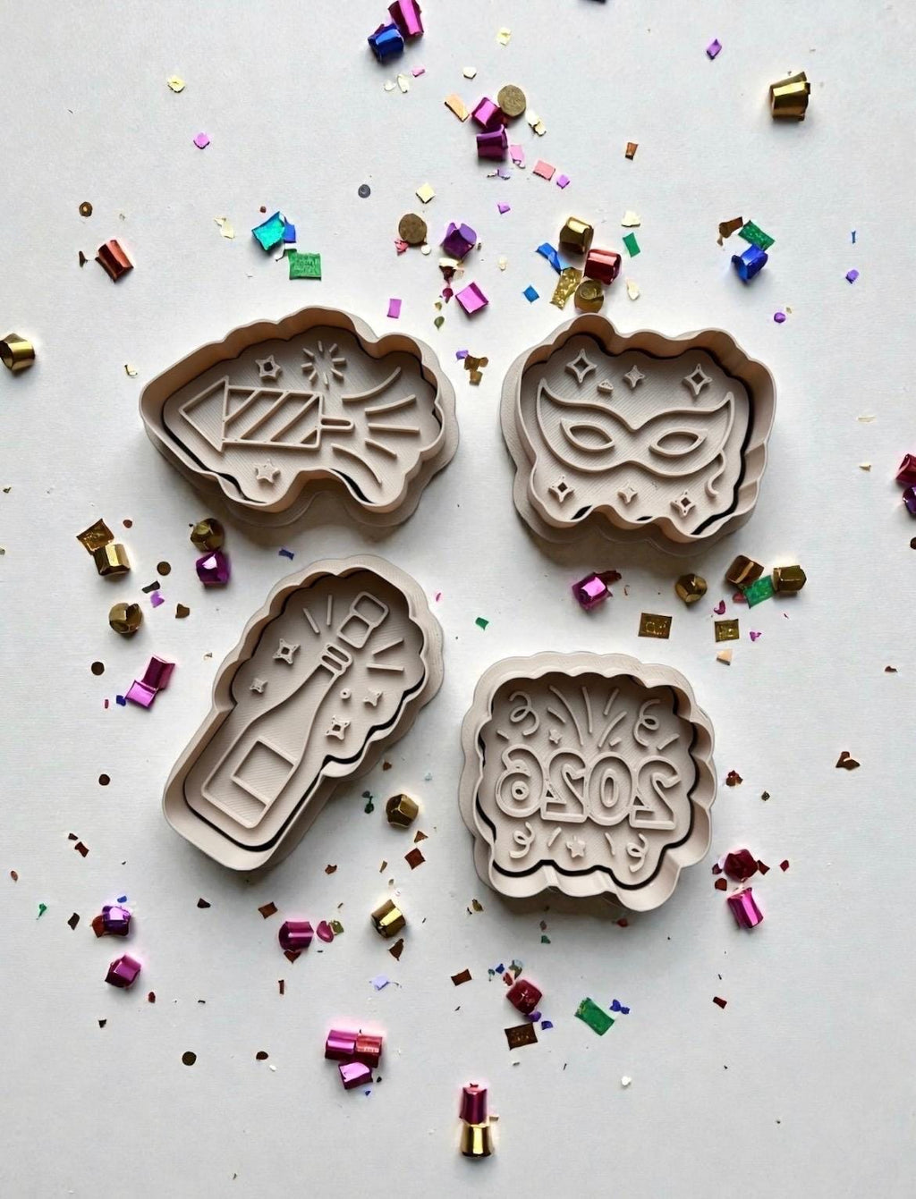 2026 New Year Cookie Cutter Set – Champagne Bottle, Fireworks, Mask & 2026 Cookie Cutters – 3 Inch Party Cookies