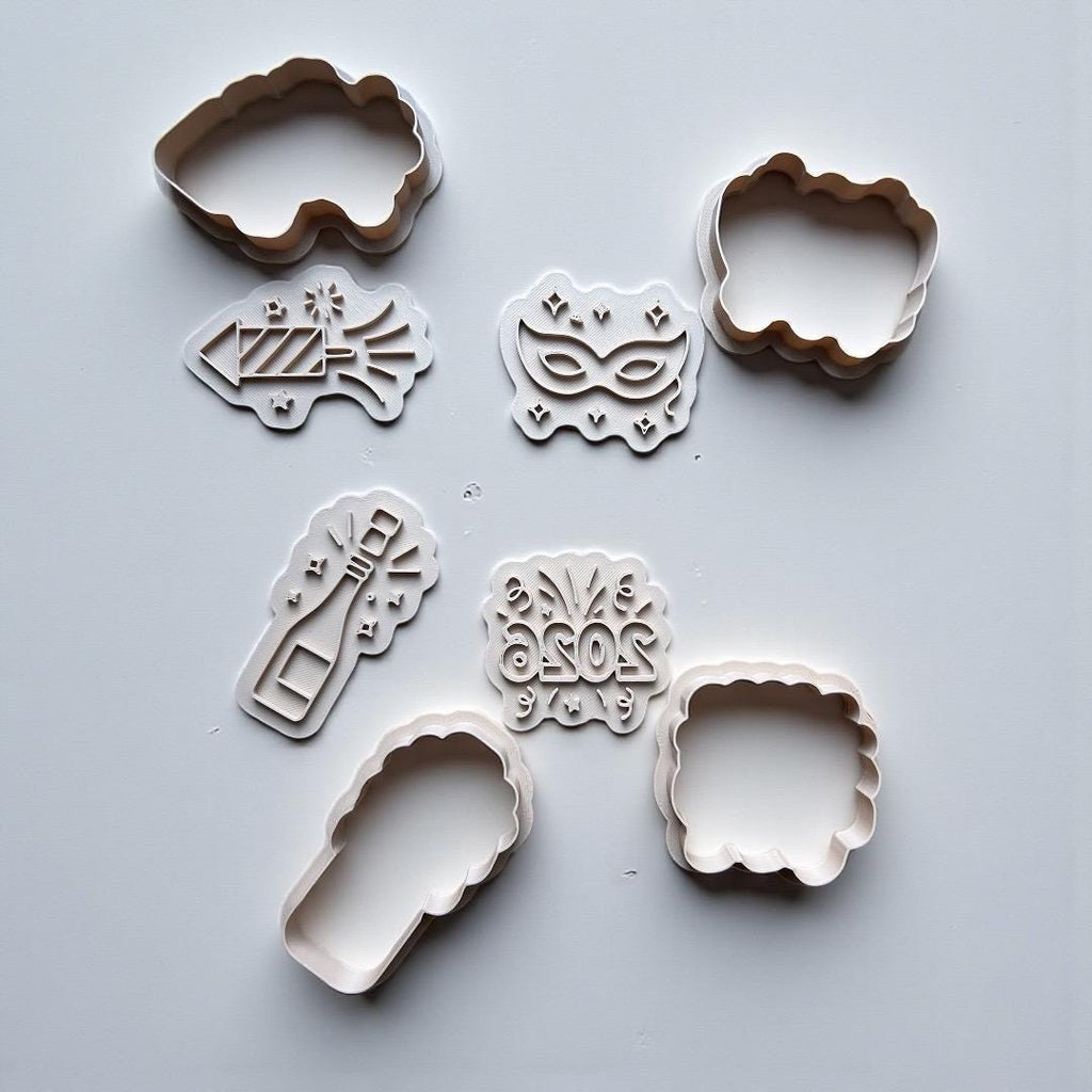 2026 New Year Cookie Cutter Set – Champagne Bottle, Fireworks, Mask & 2026 Cookie Cutters – 3 Inch Party Cookies