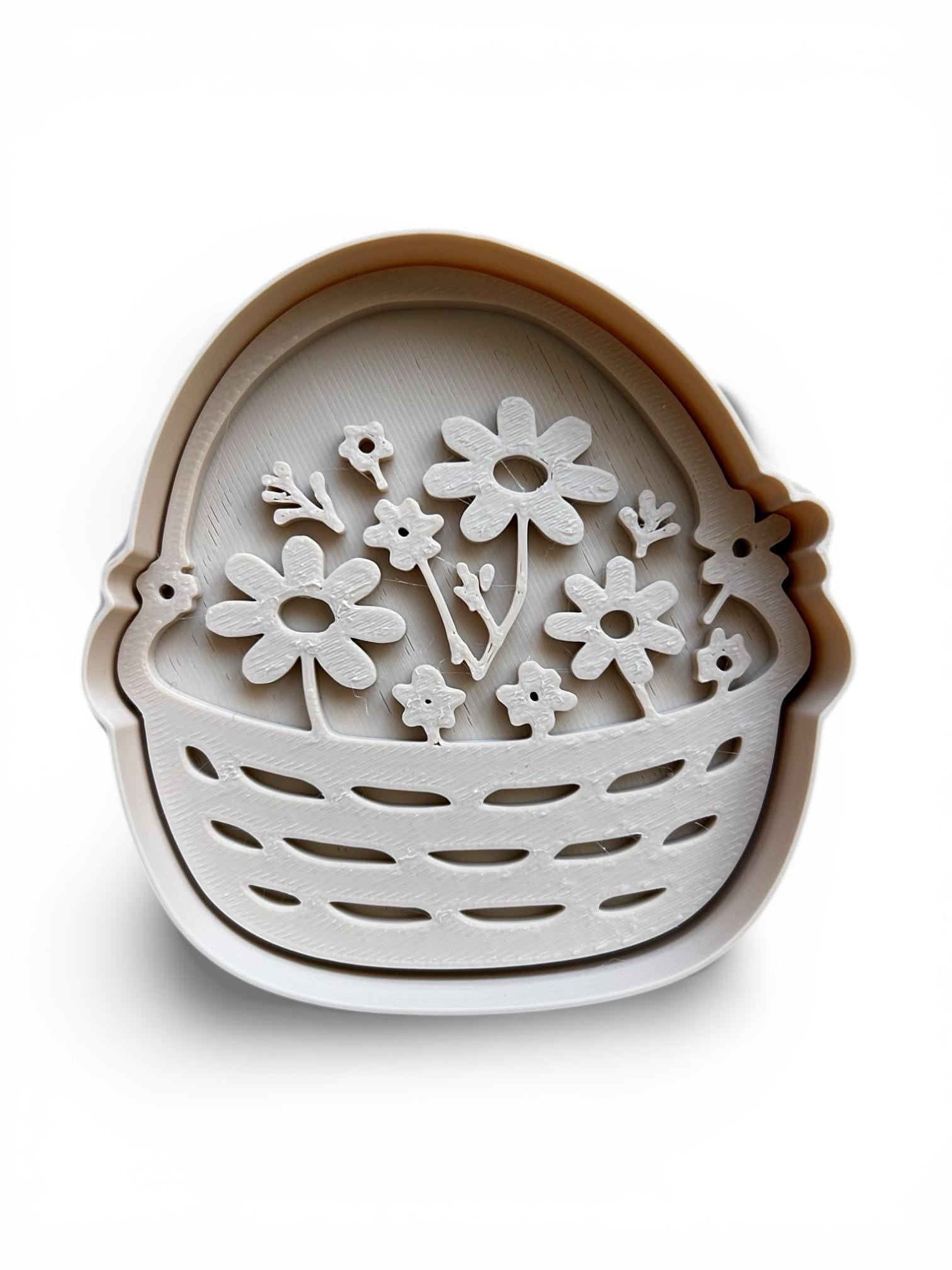 Spring Cookie Cutters with Stamps - Set of 4 | Easter Bunny, Chick, Egg & Basket | 3” Polymer Clay and Cookie Cutter.