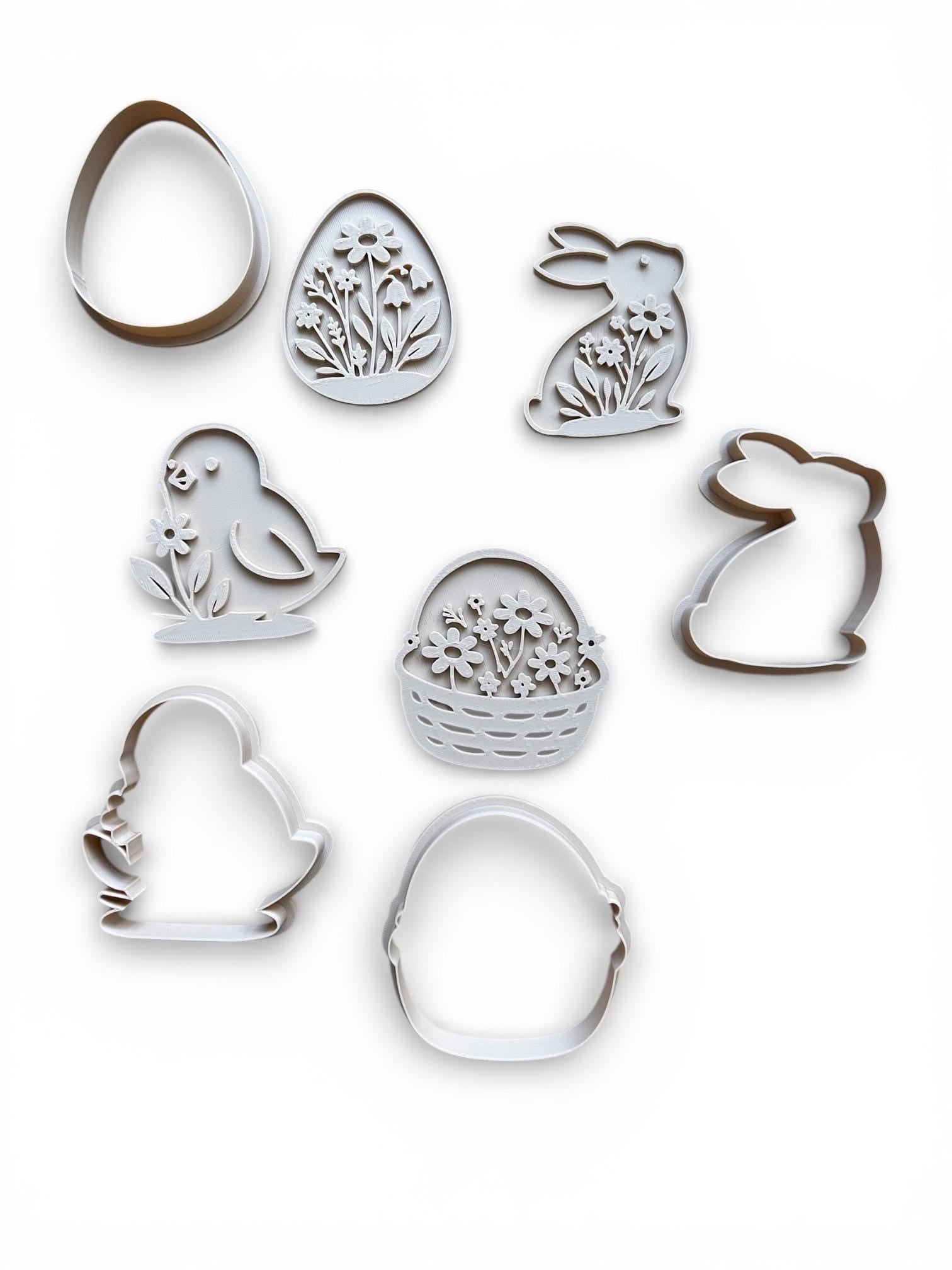 Spring Cookie Cutters with Stamps - Set of 4 | Easter Bunny, Chick, Egg & Basket | 3” Polymer Clay and Cookie Cutter.